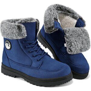 Women’s Blue Warm Fur Lined Ankle Booties Lace Up Slip-On Outdoor Boots
